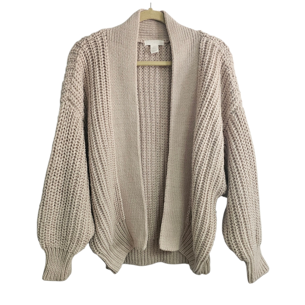 H&M L Chunky Knit Cardigan Ivory Open-Front Lantern Sleeve Preppy Academia ~